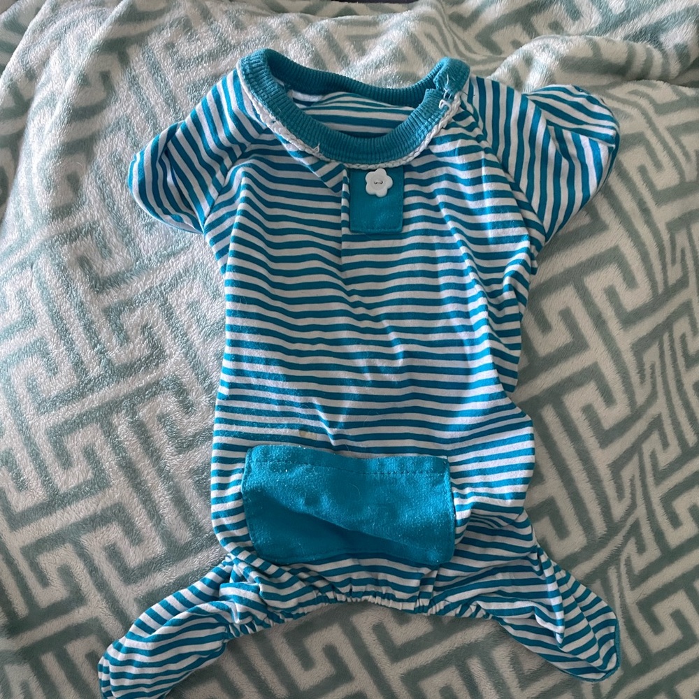 Blue and white striped dog pajamas
